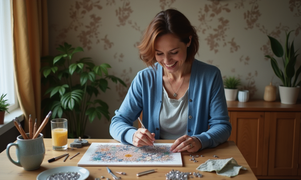Femme d'âge moyen réalisant une peinture diamant dans un salon chaleureux