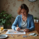 Femme d'âge moyen réalisant une peinture diamant dans un salon chaleureux