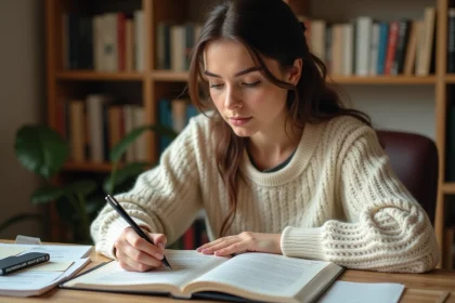 Jeune femme écrivant dans un cahier à un bureau en bois, corrigeant l'orthographe d'une expression française comme « allers-retours »