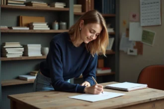 Jeune femme écrivant une adresse sur une enveloppe dans un bureau