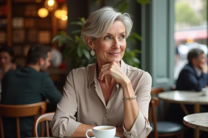 Portrait d'une femme française élégante dans un café parisien, évoquant la vie sentimentale et les histoires de cœur