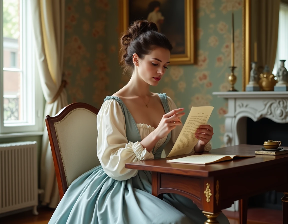 Femme en robe Empire lisant une lettre manuscrite napoléonienne dans un salon historique élégant