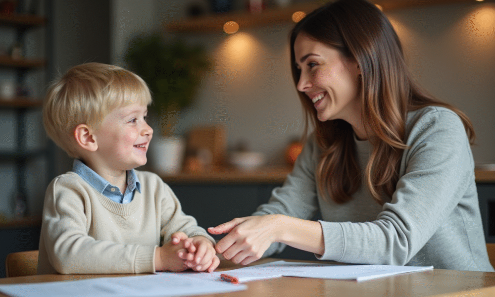 Femme souriante avec un enfant dans une cuisine chaleureuse