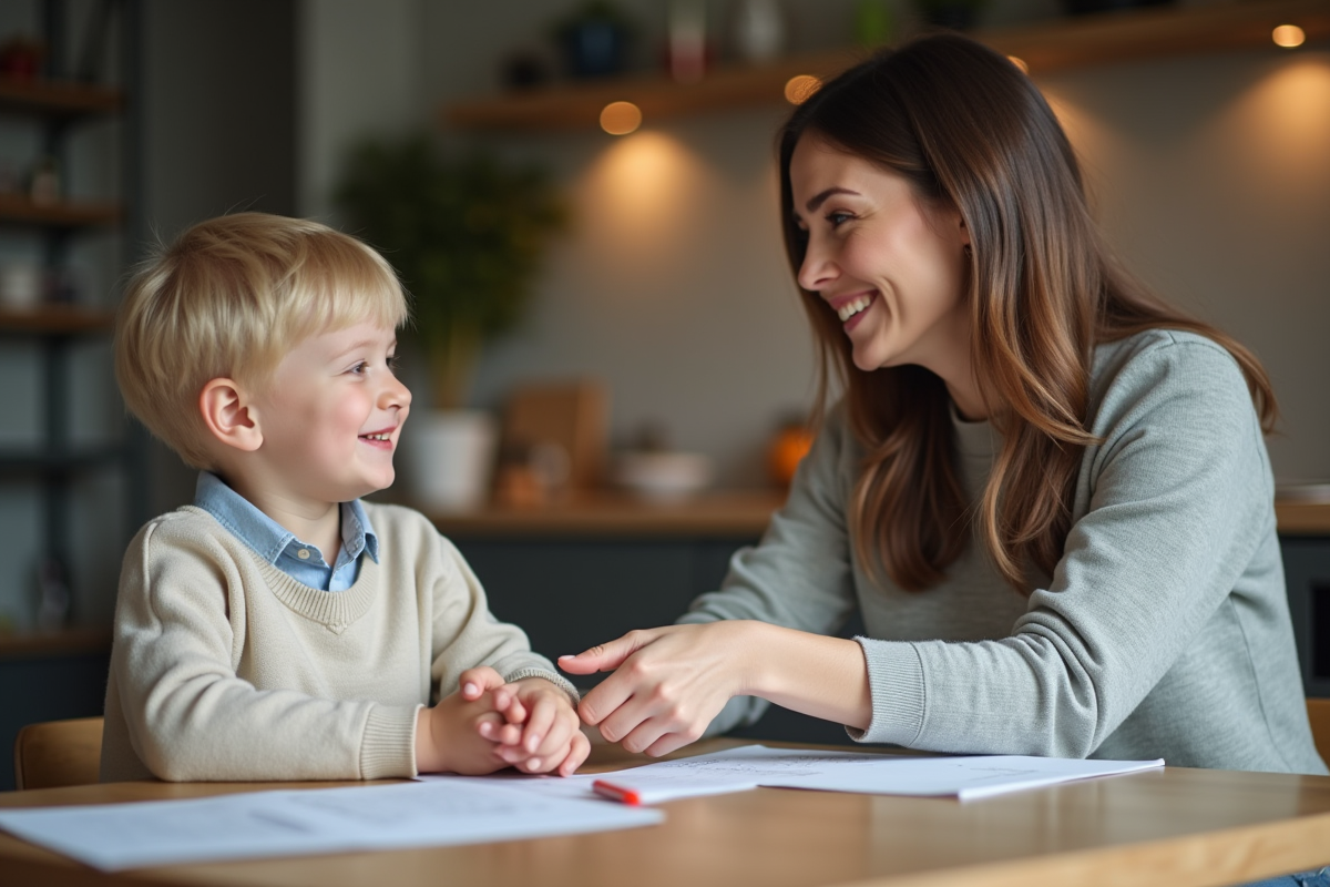 Femme souriante avec un enfant dans une cuisine chaleureuse