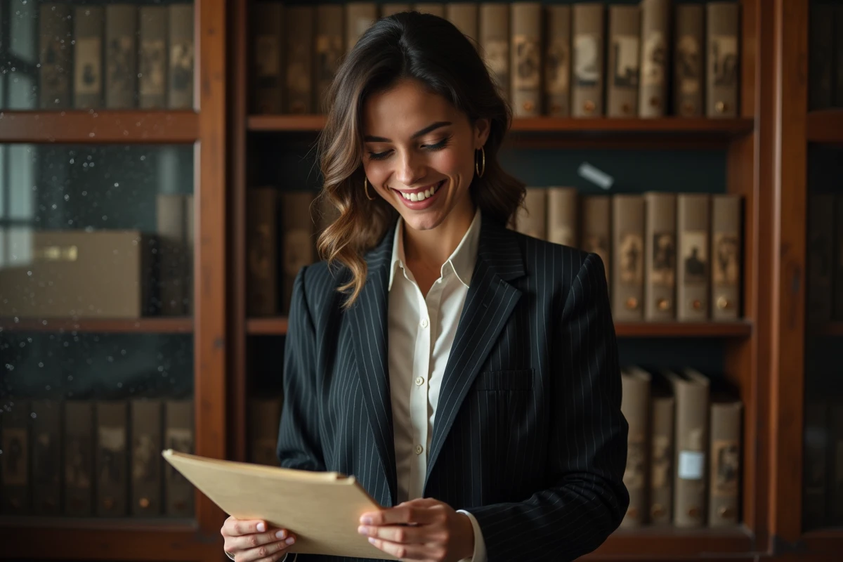 Femme détective dans son bureau avec dossiers et photos