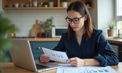 Jeune femme compare ses feuilles de budget à son ordinateur