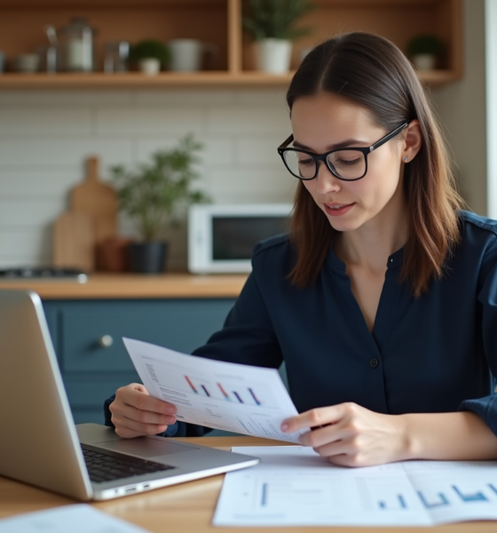 Jeune femme compare ses feuilles de budget à son ordinateur