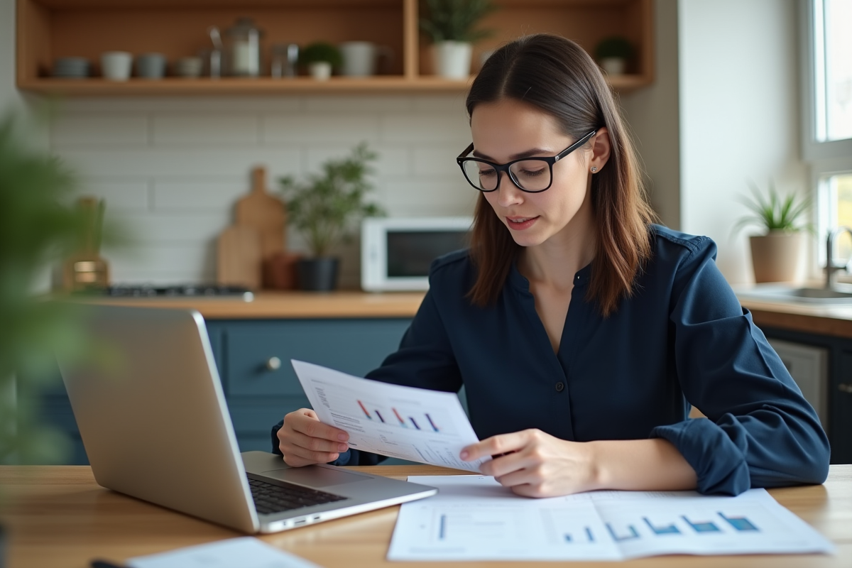 Jeune femme compare ses feuilles de budget à son ordinateur