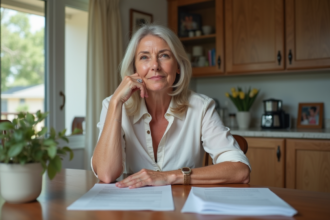 Femme française réfléchissant avec documents et acte de maison
