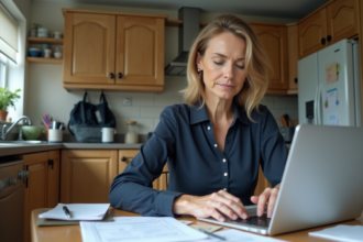 Femme d'âge moyen en tenue professionnelle à la maison, calculant ses dépenses