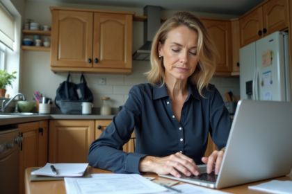 Femme d'âge moyen en tenue professionnelle à la maison, calculant ses dépenses