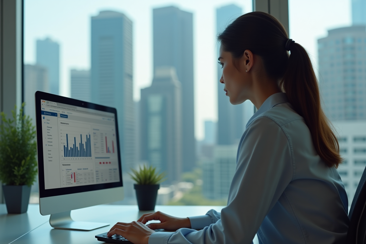 Jeune femme professionnelle regardant un tableau de bord immobilier sur son ordinateur