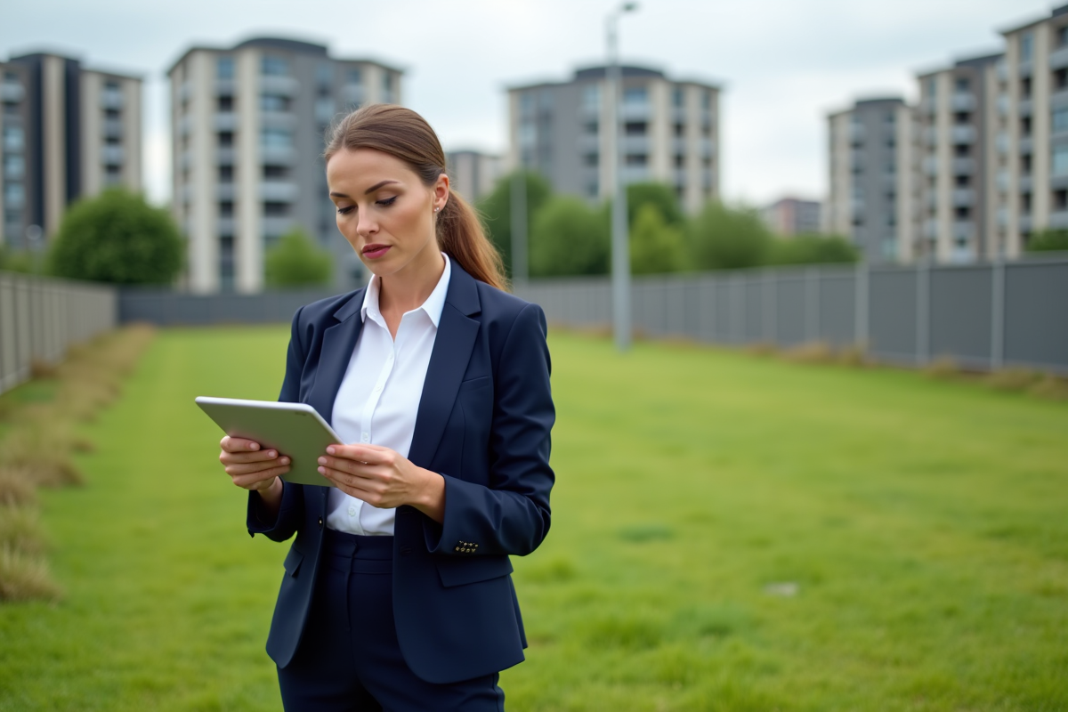 Femme professionnelle examinant un terrain en développement