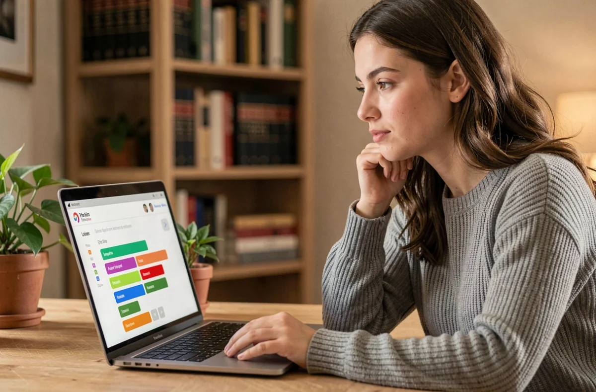 Jeune femme concentrée jouant à Cemantrix sur son ordinateur portable dans un bureau à domicile cosy