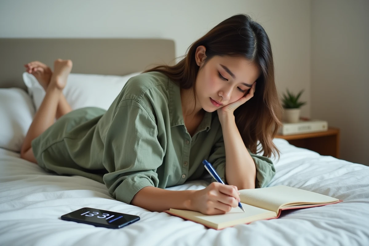 Jeune femme écrivant dans un journal intime sur son lit avec un téléphone affichant 13h31, explorant la signification spirituelle et amoureuse de l'heure miroir