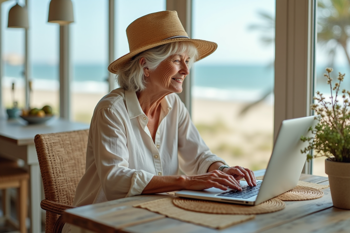 Femme âgée utilisant son ordinateur dans une cuisine en bord de mer