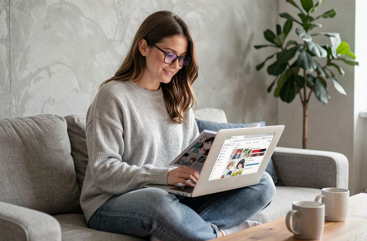 Jeune femme avec des lunettes lisant des scans de manga Blue Lock sur son ordinateur portable dans un salon moderne