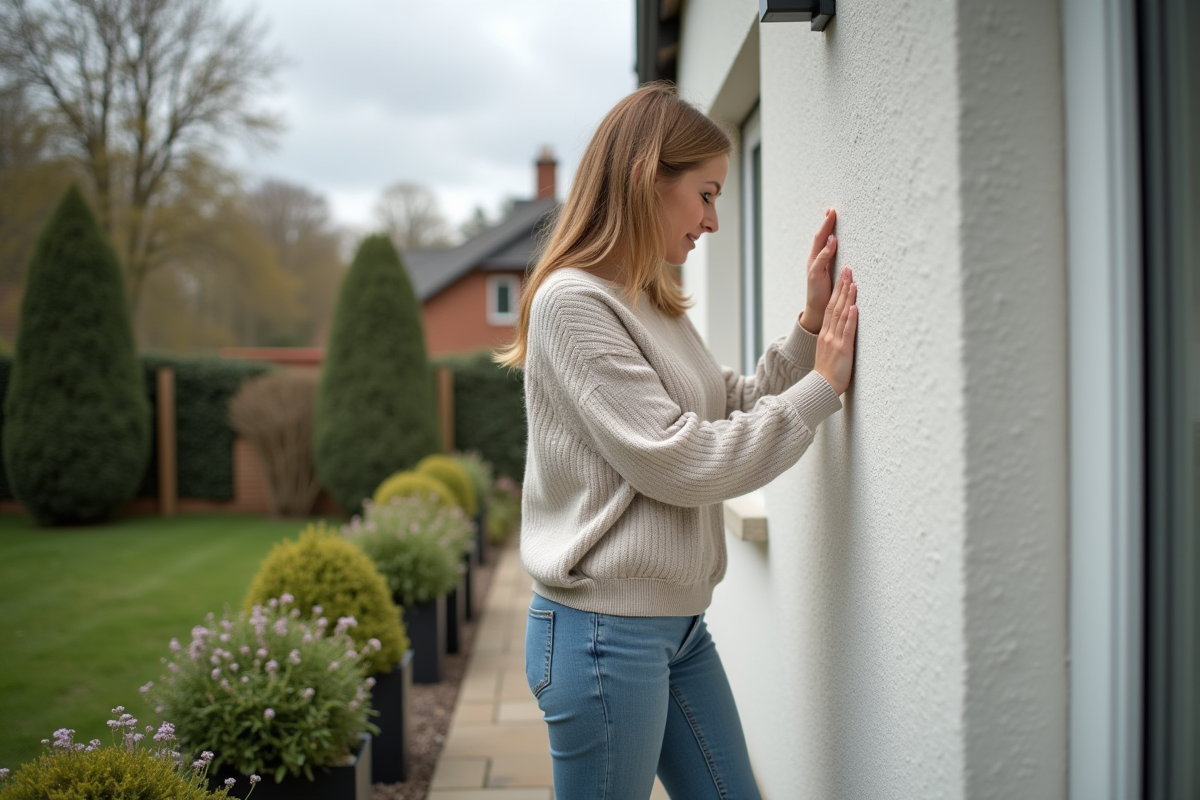 Femme admirant la façade en lime fraîche sur une maison moderne