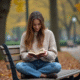 Femme lisant dans un parc urbain tranquille