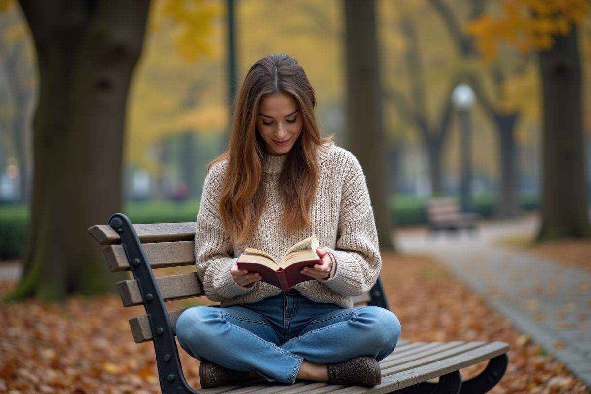 Femme lisant dans un parc urbain tranquille