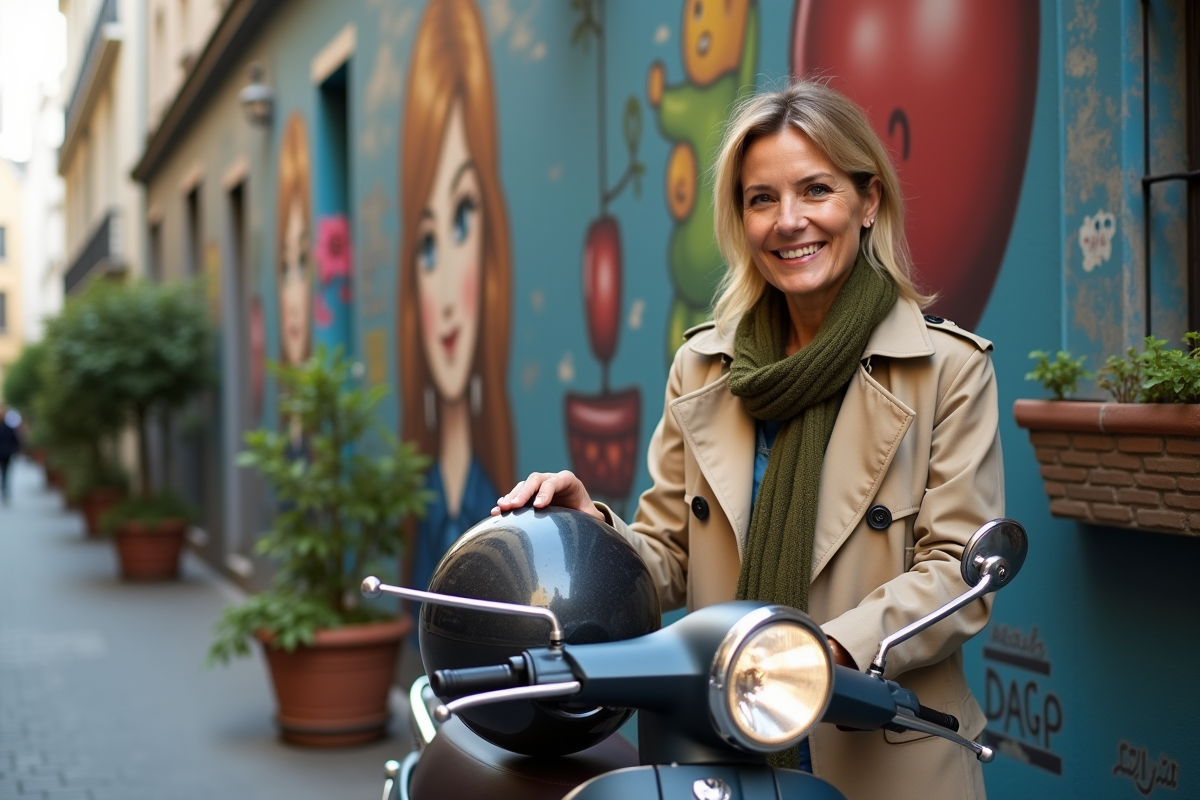 Femme en trench beige et écharpe avec moto Dax 125 et mur de street art