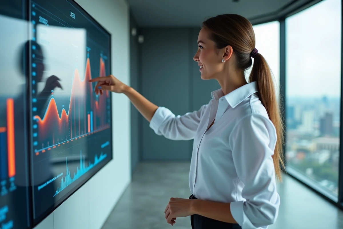 Femme en présentation avec tableau digital dans une salle hightech