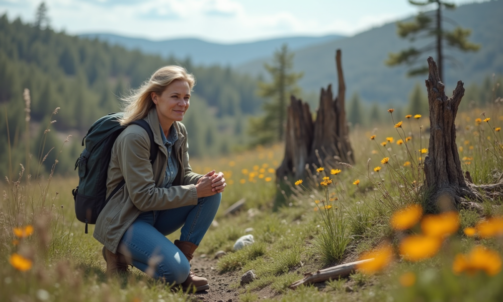 Femme en randonnée contemplant un paysage dégradé