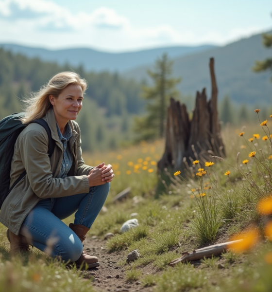 Femme en randonnée contemplant un paysage dégradé