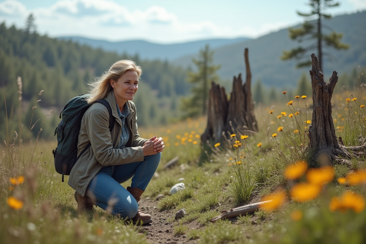 Femme en randonnée contemplant un paysage dégradé