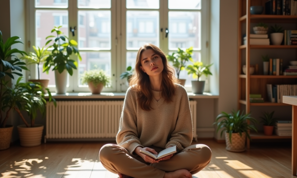 Femme méditative dans un intérieur chaleureux et lumineux