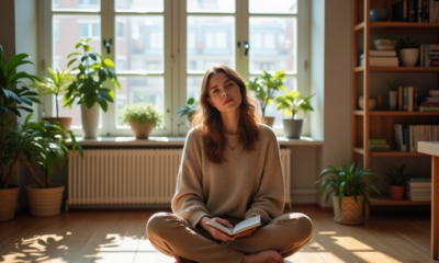 Femme méditative dans un intérieur chaleureux et lumineux