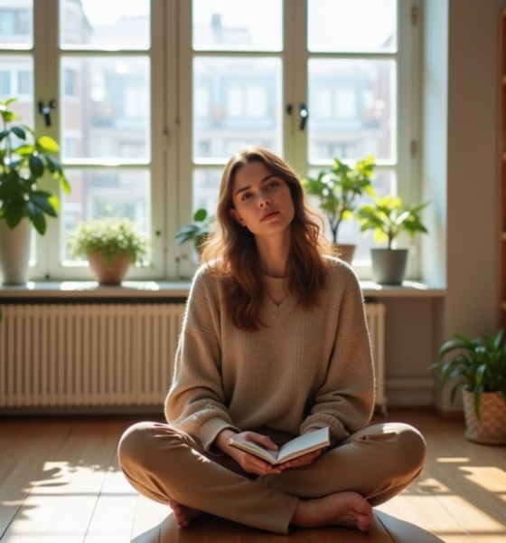 Femme méditative dans un intérieur chaleureux et lumineux
