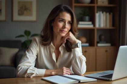 Femme élégante en réflexion dans un bureau moderne