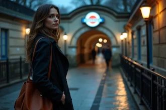 Femme seule attendant près d'une entrée de métro parisien la nuit en toute sécurité