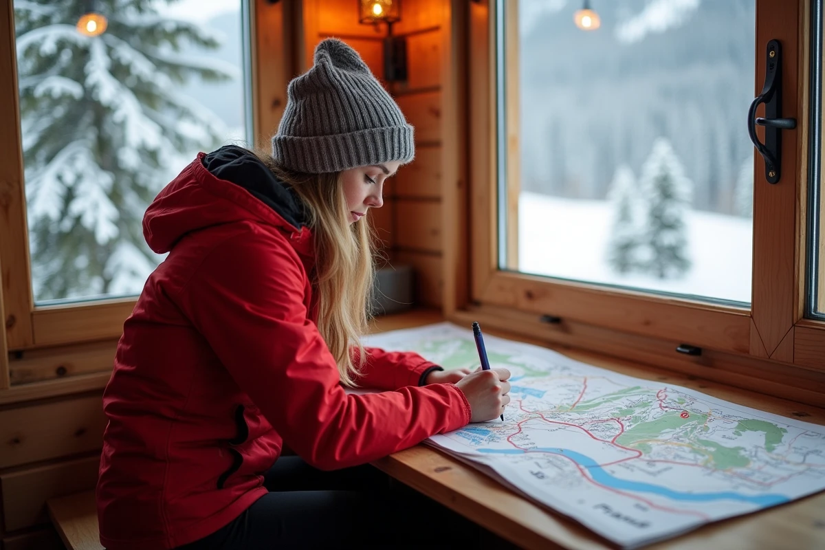 Jeune femme planifiant ses skis dans un lodge alpin