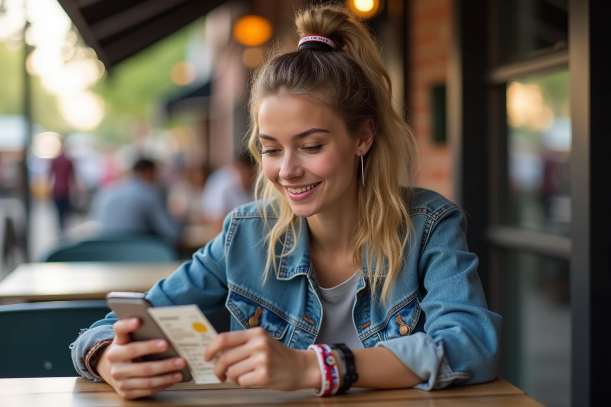 Jeune femme avec ticket de festival et smartphone