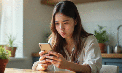Jeune femme regardant son smartphone concernée par une transaction Vinted