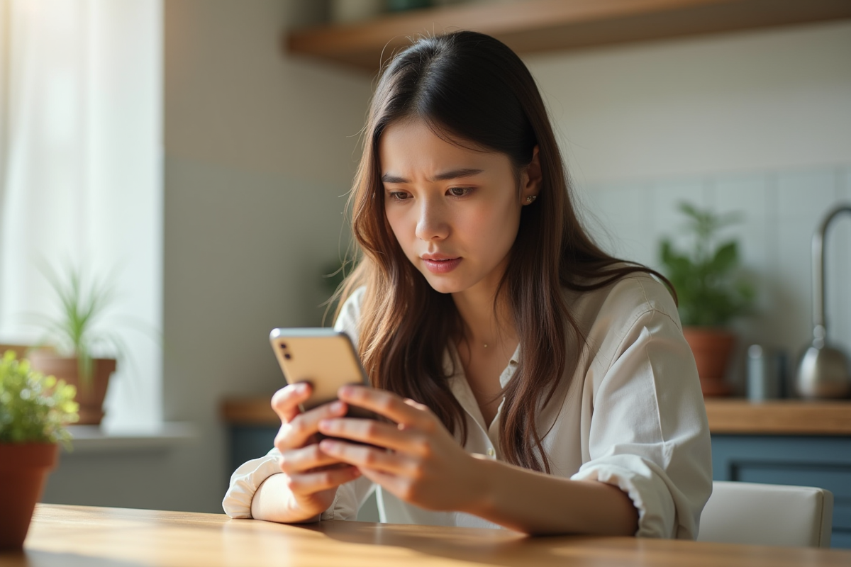 Jeune femme regardant son smartphone concernée par une transaction Vinted