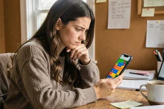 Jeune femme concentrée qui résout un niveau d'un jeu d'escape room sur smartphone, assise à un bureau en bois avec des notes éparpillées