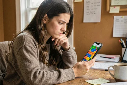 Jeune femme concentrée qui résout un niveau d'un jeu d'escape room sur smartphone, assise à un bureau en bois avec des notes éparpillées