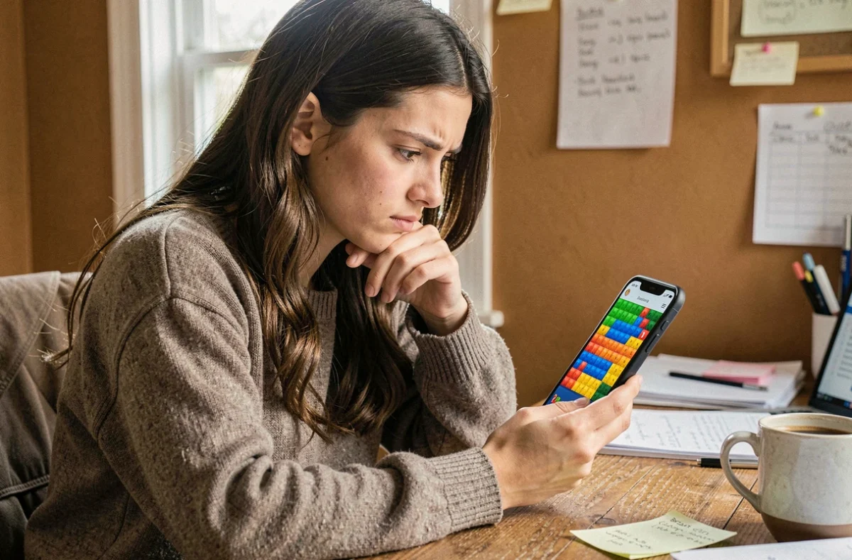 Jeune femme concentrée qui résout un niveau d'un jeu d'escape room sur smartphone, assise à un bureau en bois avec des notes éparpillées