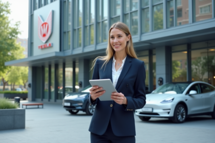 Femme en costume navy devant voitures électriques modernes
