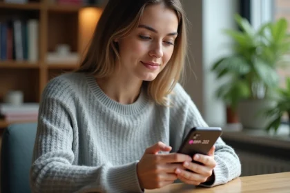 Femme consultant un numéro de suivi DPD sur son smartphone depuis un bureau à domicile