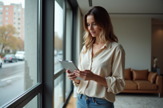 Femme d'âge moyen dans un salon moderne avec tablette