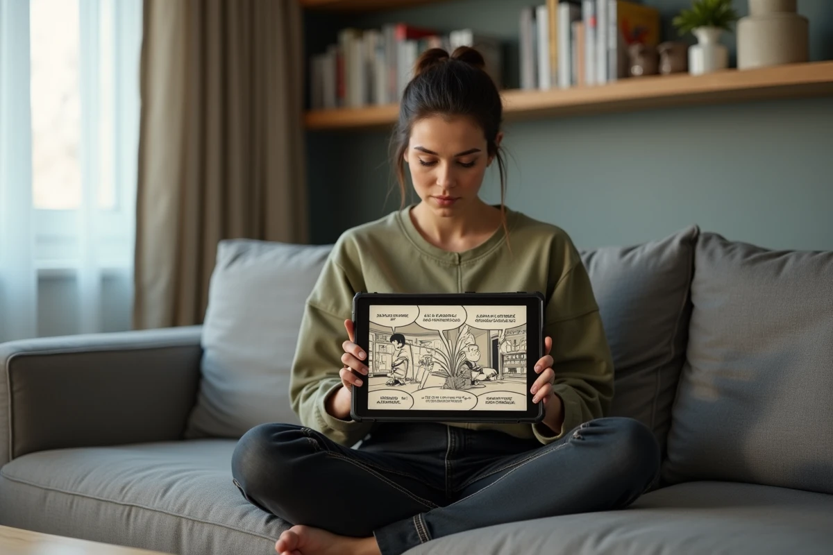 Femme lisant la version française d'un chapitre de One Punch Man sur une tablette dans un salon moderne