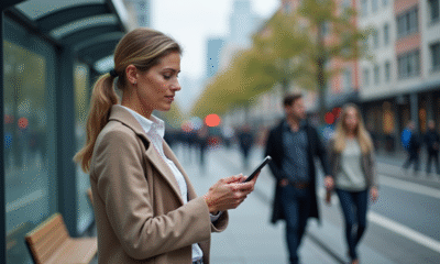 Femme d'âge moyen vérifiant les horaires de tram sur son smartphone
