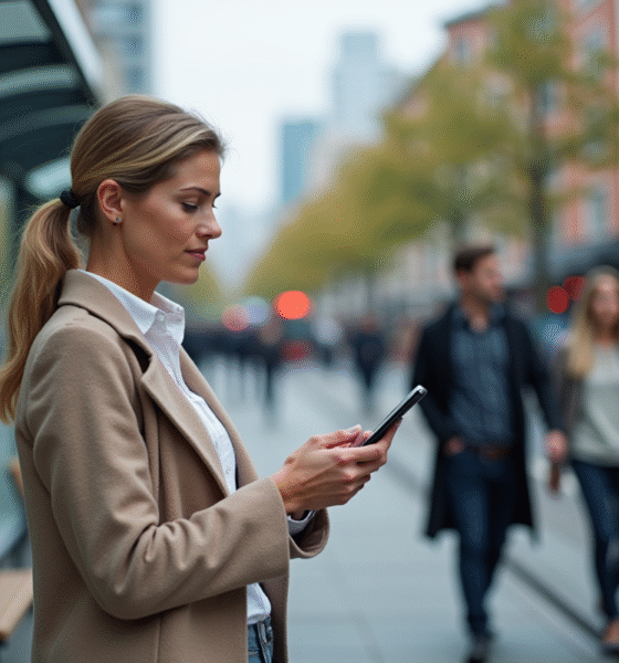 Femme d'âge moyen vérifiant les horaires de tram sur son smartphone
