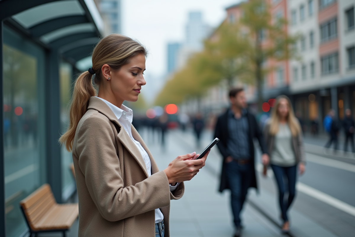 Femme d'âge moyen vérifiant les horaires de tram sur son smartphone