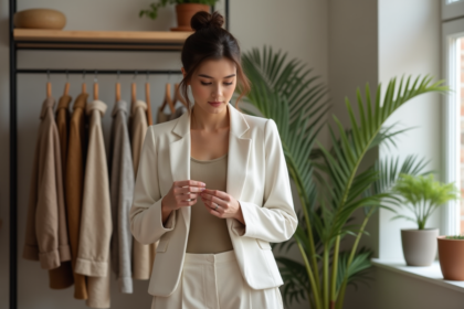 Jeune femme examine un vêtement écologique en boutique