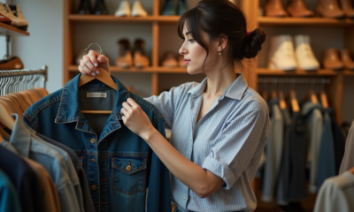 Femme examinant une veste d'occasion dans une boutique vintage